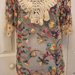 Marca Amit Floral Embroidered Sheer Top with Crochet Details
